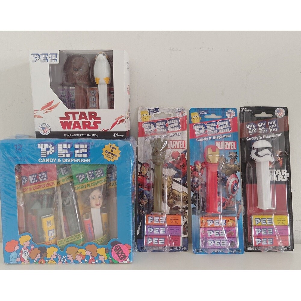 PEZ candy dispensers featuring Star Wars and Marvel characters